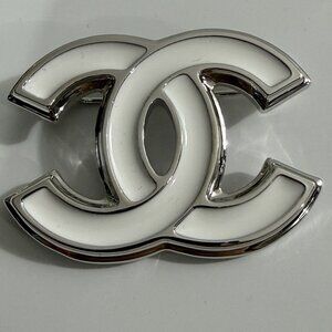 Chanel CC Logo Brooch Pin White Enamel Silver Tone Classic Double C